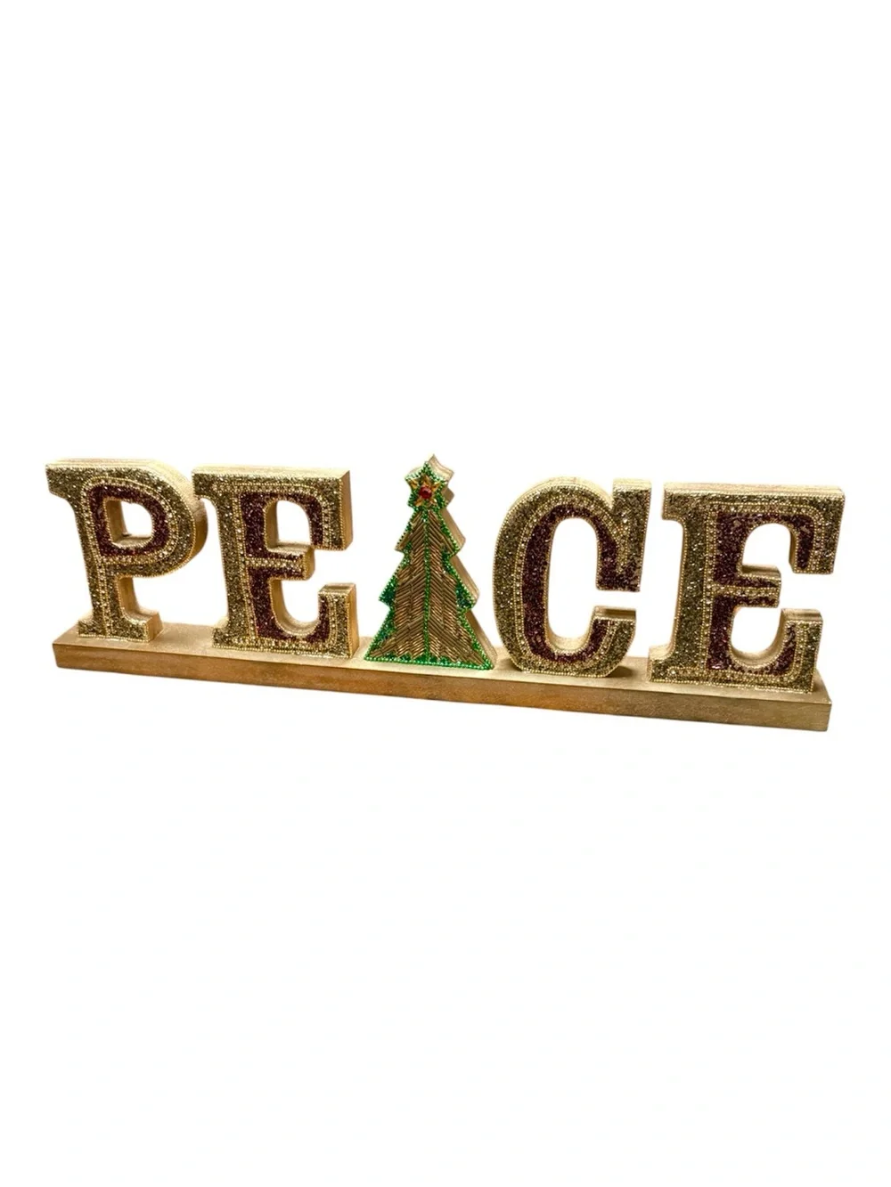 Pier 1 Gold, Green & Red Embellished Beaded Peace, Tree Wood Decor 21”X6”